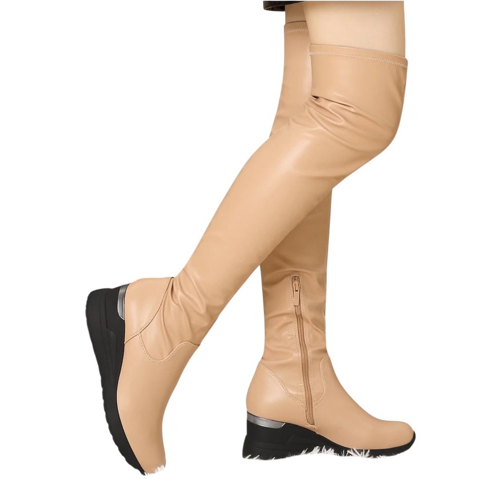 NEW Allegra K Over The Knee Boots Womens 8 Tan Wedge Chunky Heel Thigh‎ High